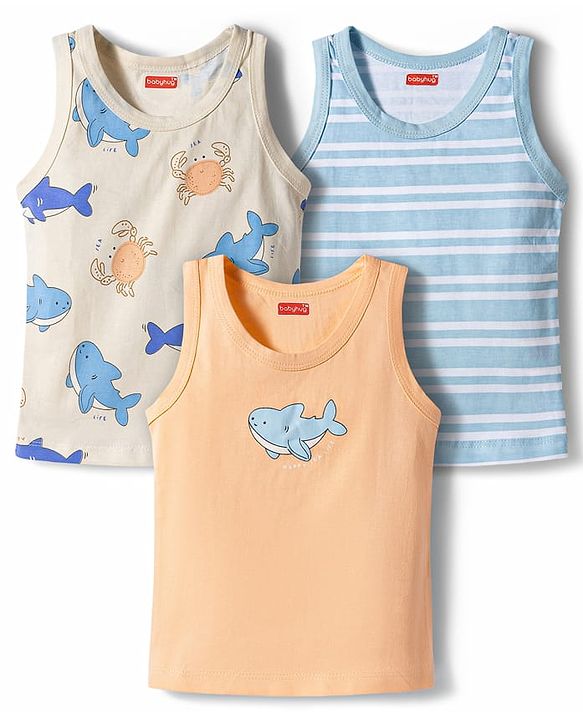 Babyhug 100% Cotton Knit Sleeveless Striped & Sea Life Printed Sando Vests Pack Of 3 - Multicolor