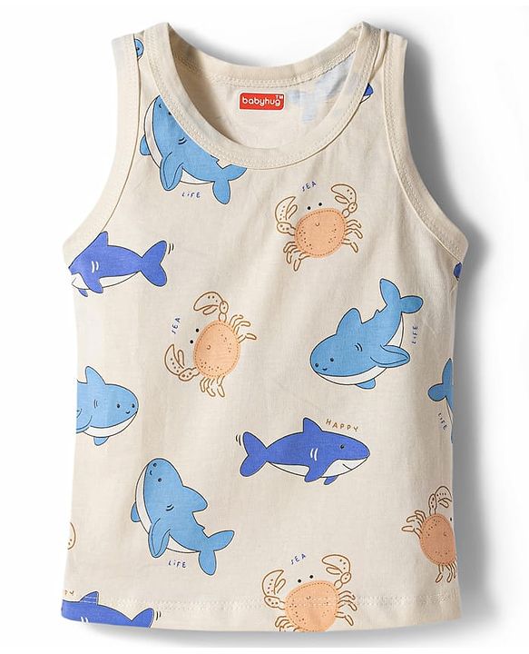 Babyhug 100% Cotton Knit Sleeveless Striped & Sea Life Printed Sando Vests Pack Of 3 - Multicolor