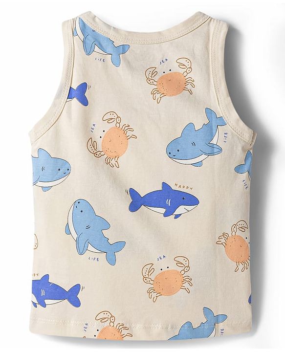 Babyhug 100% Cotton Knit Sleeveless Striped & Sea Life Printed Sando Vests Pack Of 3 - Multicolor