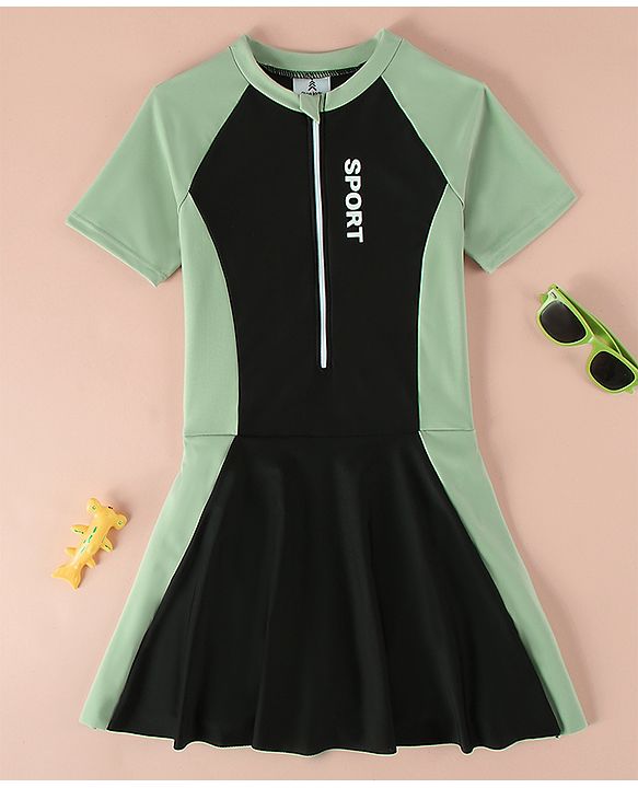 Pine Kids Raglan Half Sleeves Text Printed Frock Swimsuit - Black