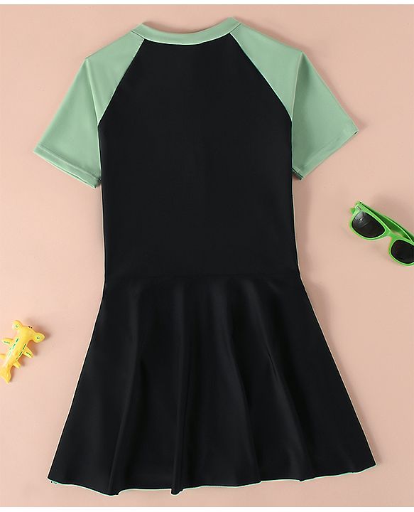 Pine Kids Raglan Half Sleeves Text Printed Frock Swimsuit - Black