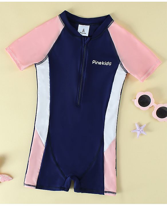 Pine Kids Raglan Half Sleeves Cut N Sew Legged Swimsuit - Navy Blue