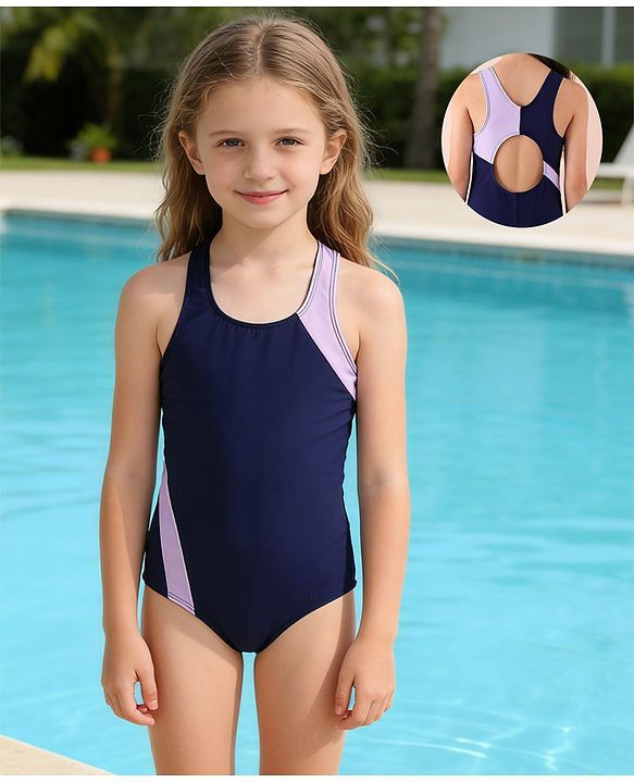 Pine Kids Sleeveless Solid V Cut Swimsuit - Navy Blue