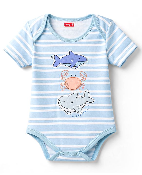 Babyhug 100% Cotton Interlock Knit Half Sleeves Striped Onesies & Cap With Sea Life Theme - Light Blue