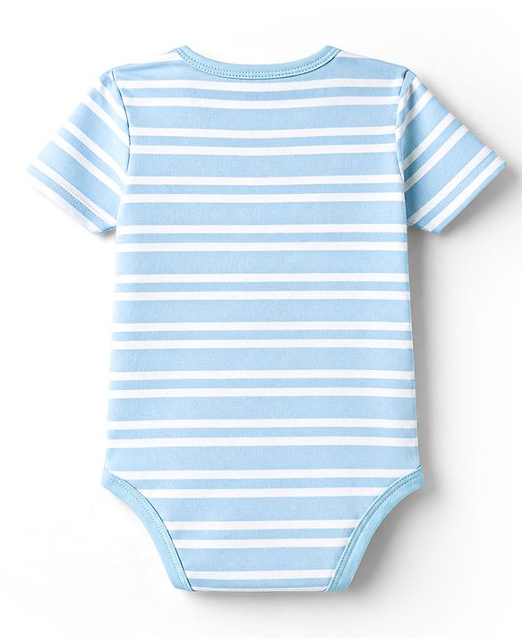Babyhug 100% Cotton Interlock Knit Half Sleeves Striped Onesies & Cap With Sea Life Theme - Light Blue