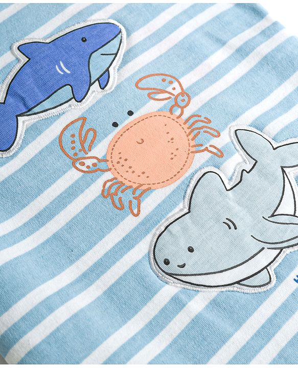 Babyhug 100% Cotton Interlock Knit Half Sleeves Striped Onesies & Cap With Sea Life Theme - Light Blue