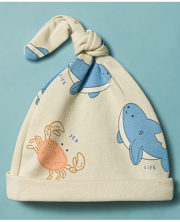 Babyhug 100% Cotton Knit Sea Life Printed Onesies With Cap - Multicolor