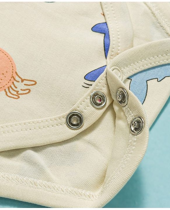 Babyhug 100% Cotton Knit Sea Life Printed Onesies With Cap - Multicolor