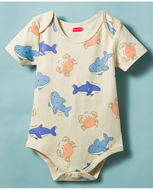 Babyhug 100% Cotton Knit Sea Life Printed Onesies With Cap - Multicolor