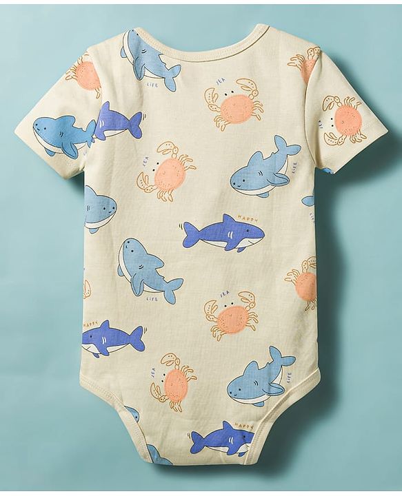 Babyhug 100% Cotton Knit Sea Life Printed Onesies With Cap - Multicolor