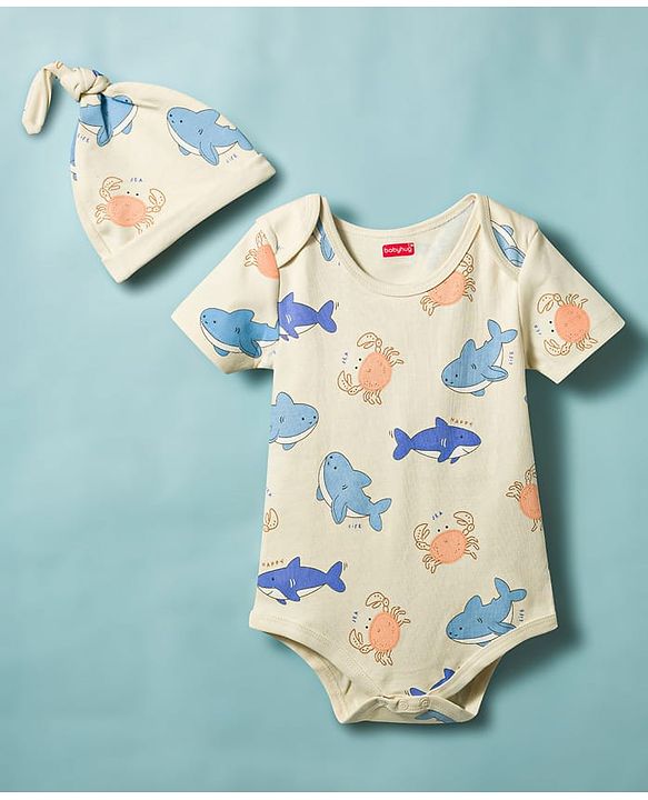 Babyhug 100% Cotton Knit Sea Life Printed Onesies With Cap - Multicolor