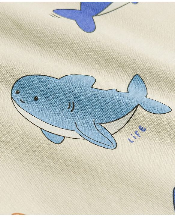 Babyhug 100% Cotton Knit Sea Life Printed Onesies With Cap - Multicolor