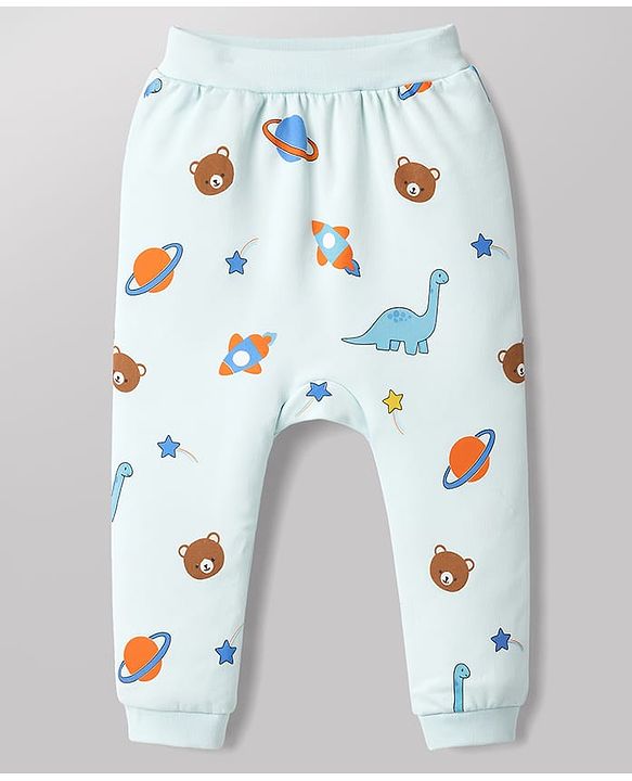 Babyhug 100% Cotton Interlock Knit Half Sleeves Onesie & Diaper Legging With Dino & Rocket Print - Multicolor