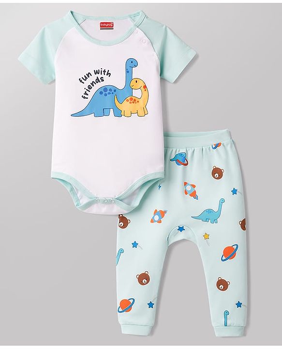 Babyhug 100% Cotton Interlock Knit Half Sleeves Onesie & Diaper Legging With Dino & Rocket Print - Multicolor