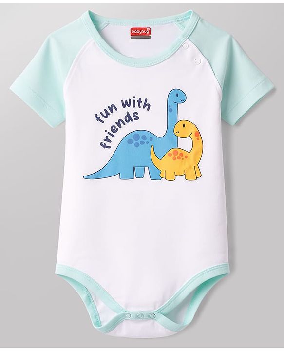 Babyhug 100% Cotton Interlock Knit Half Sleeves Onesie & Diaper Legging With Dino & Rocket Print - Multicolor