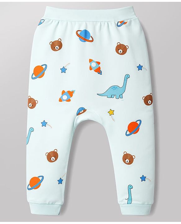 Babyhug 100% Cotton Interlock Knit Half Sleeves Onesie & Diaper Legging With Dino & Rocket Print - Multicolor