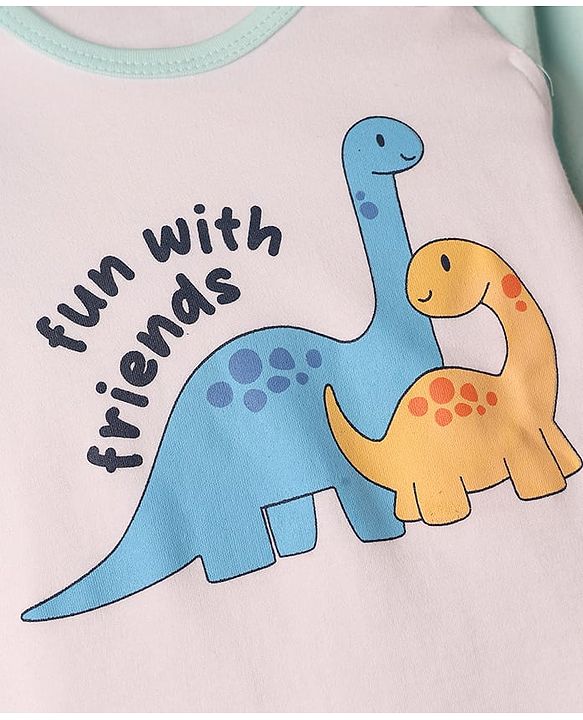 Babyhug 100% Cotton Interlock Knit Half Sleeves Onesie & Diaper Legging With Dino & Rocket Print - Multicolor