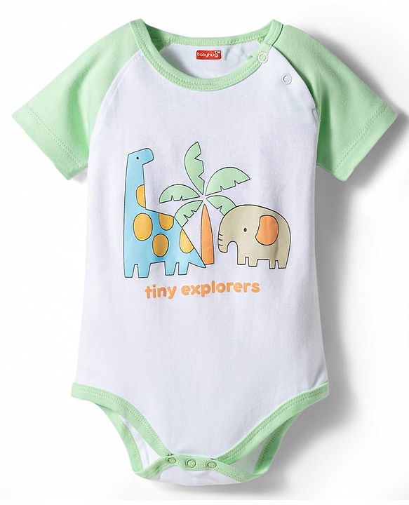 Babyhug 100% Cotton Interlock Knit Half Sleeves Onesie & Striped Diaper Leggings With Cap Mittens Booties & Animal Print - Multicolor