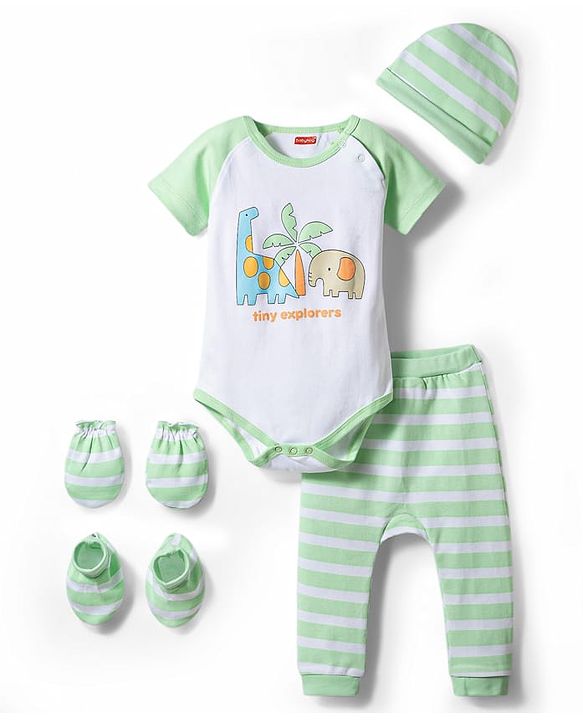 Babyhug 100% Cotton Interlock Knit Half Sleeves Onesie & Striped Diaper Leggings With Cap Mittens Booties & Animal Print - Multicolor
