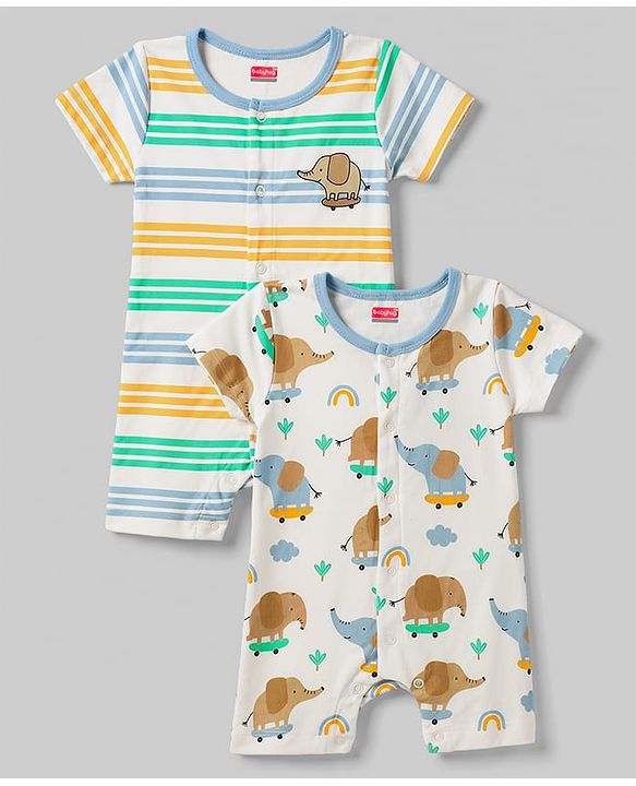 Babyhug 100% Cotton Interlock Knit Half Sleeves Romper With Animal Print Pack of 2 - Multicolor