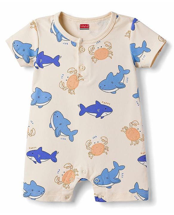 Babyhug 100% Cotton Interlock Knit Half Sleeves Romper With Sea Life Print Pack of 2 - Multicolor