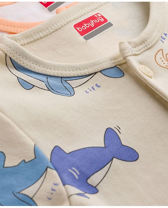 Babyhug 100% Cotton Interlock Knit Half Sleeves Romper With Sea Life Print Pack of 2 - Multicolor