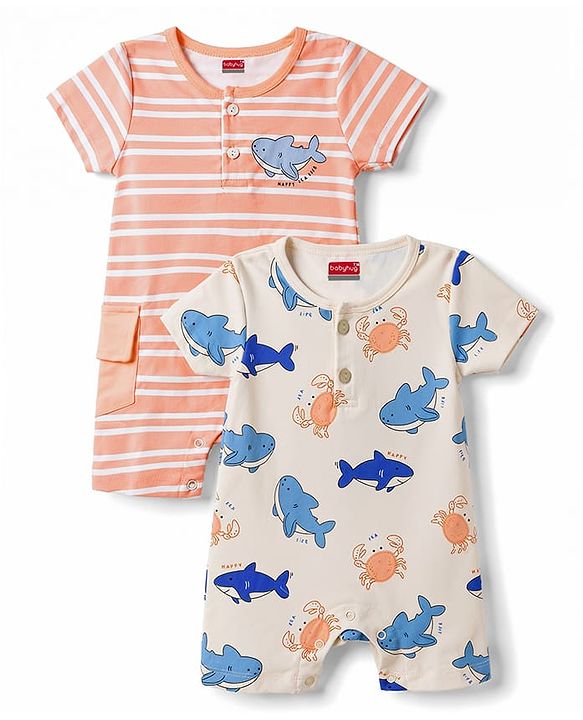 Babyhug 100% Cotton Interlock Knit Half Sleeves Romper With Sea Life Print Pack of 2 - Multicolor