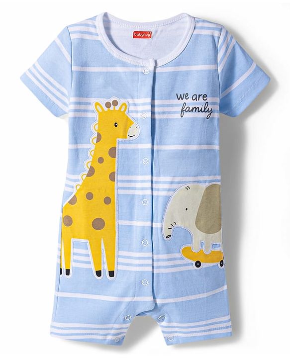 Babyhug 100% Cotton Knit Half Sleeves Striped Giraffe & Elephant Embroidered Romper - Multicolor