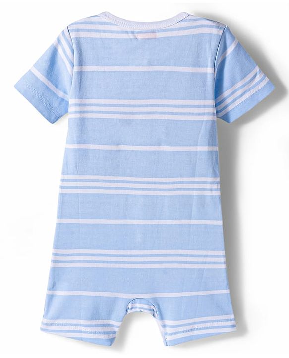Babyhug 100% Cotton Knit Half Sleeves Striped Giraffe & Elephant Embroidered Romper - Multicolor
