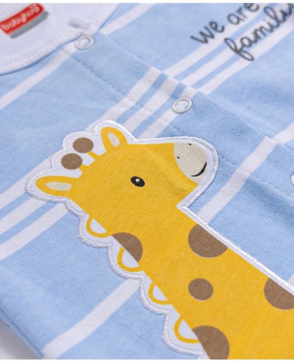 Babyhug 100% Cotton Knit Half Sleeves Striped Giraffe & Elephant Embroidered Romper - Multicolor