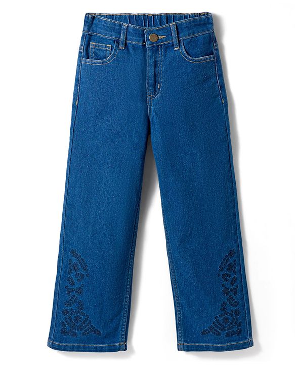 Pine Kids Denim Woven Full Length Jeans with Floral Embroidery - Blue