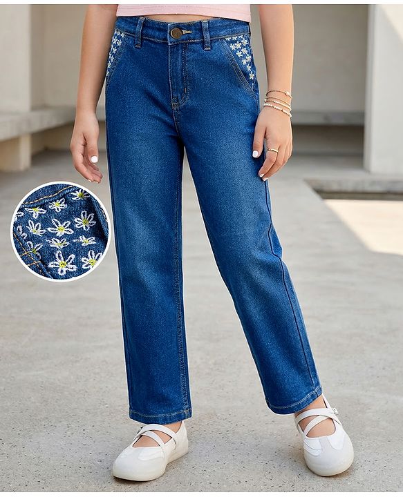 Pine Kids Denim Woven Full Length Jeans with Floral Embroidery - Blue