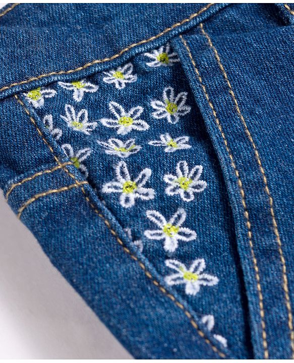 Pine Kids Denim Woven Full Length Jeans with Floral Embroidery - Blue