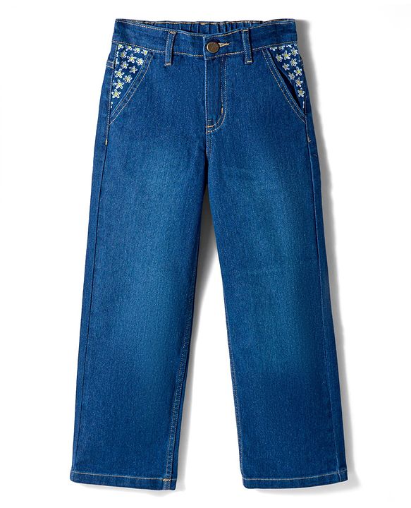 Pine Kids Denim Woven Full Length Jeans with Floral Embroidery - Blue
