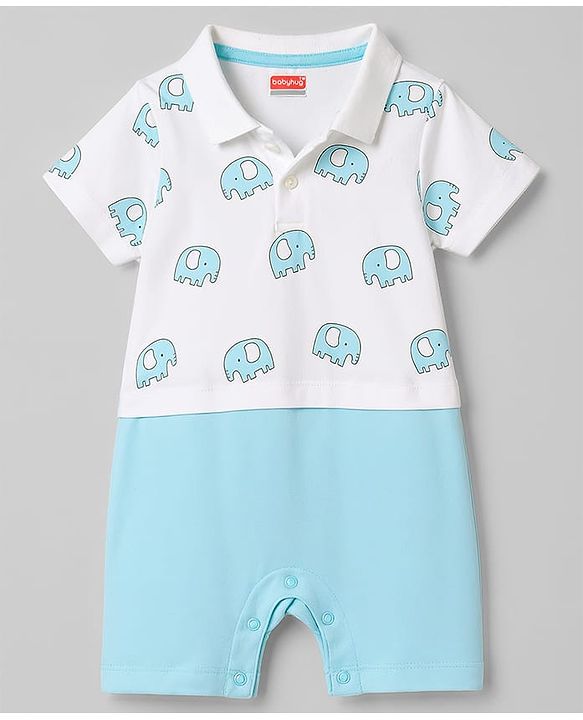 Babyhug 100% Cotton Knit Half Sleeves Romper with Elephant Print - Multicolor