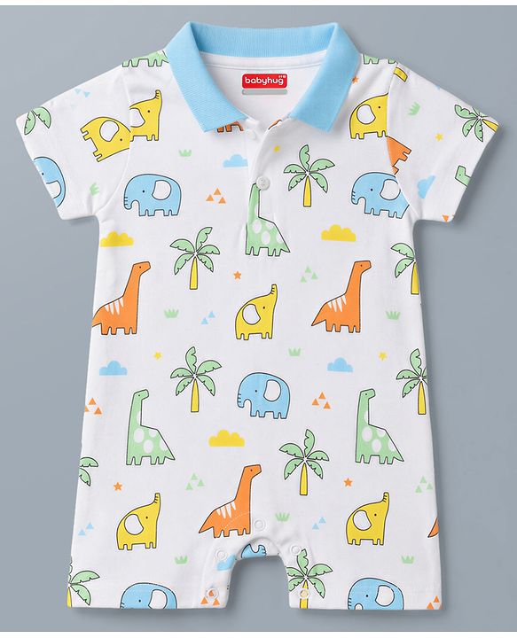 Babyhug 100% Cotton Knit Half Sleeves Romper with Dino Print - Multicolor