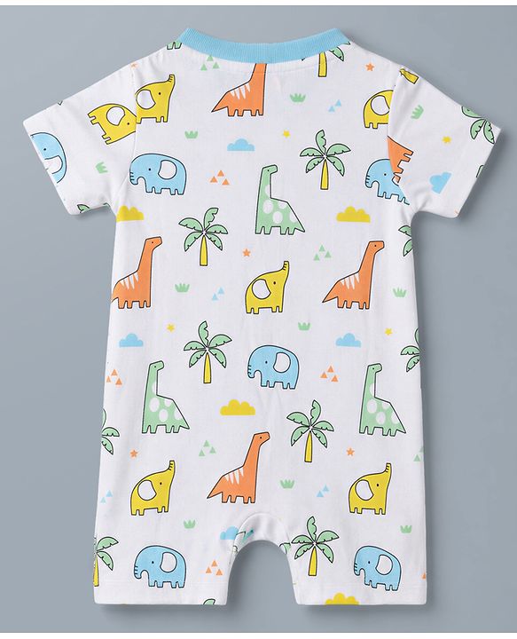 Babyhug 100% Cotton Knit Half Sleeves Romper with Dino Print - Multicolor