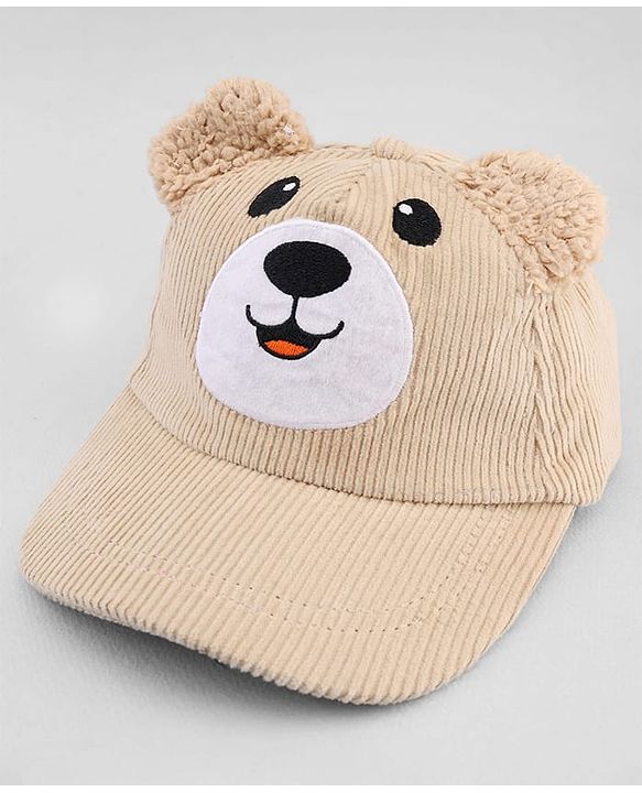 Babyhug Corduroy Woven Baseball Cap With Face Embroidery & Ear Applique Beige - Diameter 15 cm