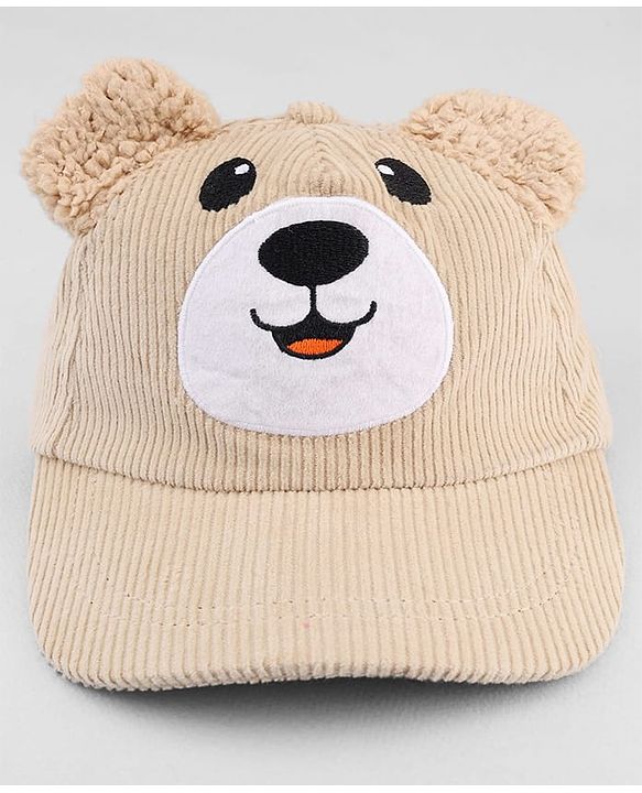 Babyhug Corduroy Woven Baseball Cap With Face Embroidery & Ear Applique Beige - Diameter 15 cm
