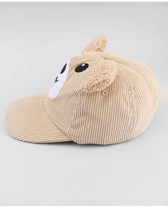 Babyhug Corduroy Woven Baseball Cap With Face Embroidery & Ear Applique Beige - Diameter 15 cm