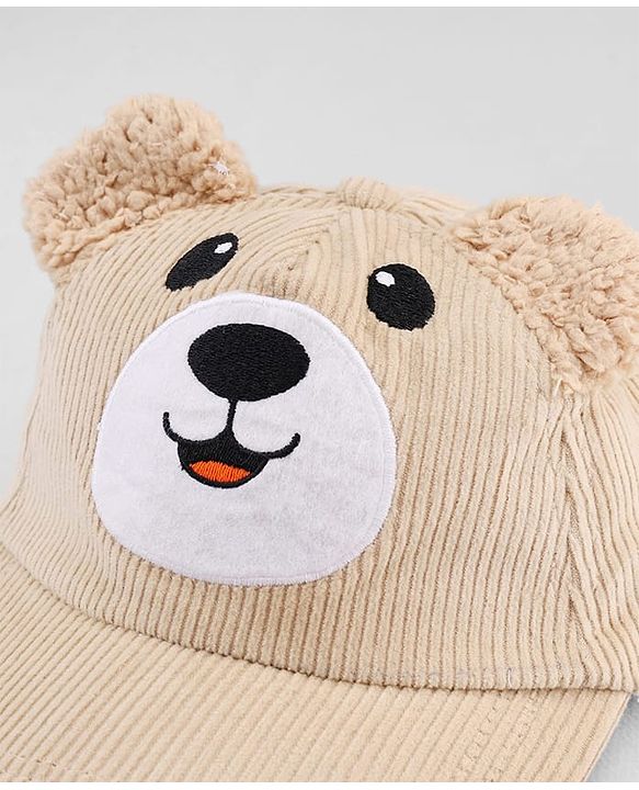 Babyhug Corduroy Woven Baseball Cap With Face Embroidery & Ear Applique Beige - Diameter 15 cm