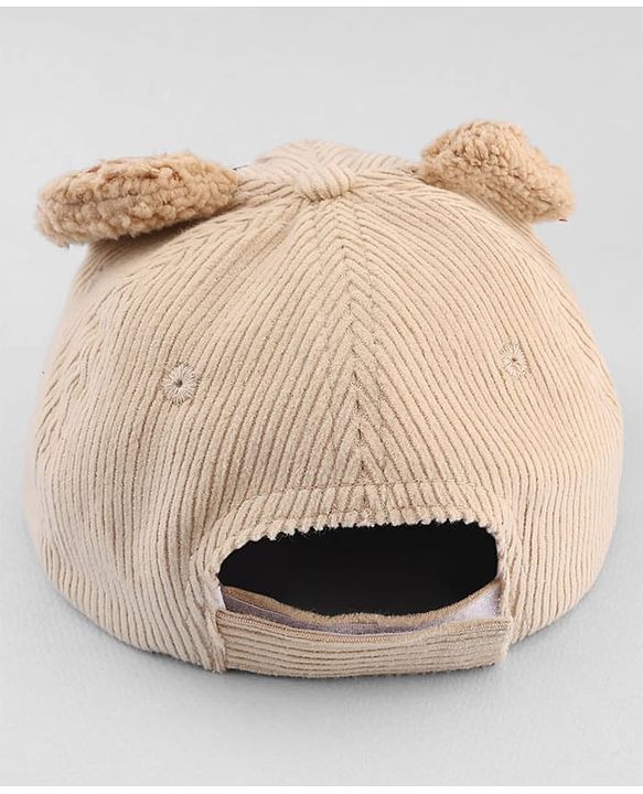 Babyhug Corduroy Woven Baseball Cap With Face Embroidery & Ear Applique Beige - Diameter 15 cm