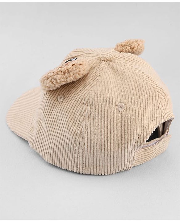 Babyhug Corduroy Woven Baseball Cap With Face Embroidery & Ear Applique Beige - Diameter 15 cm