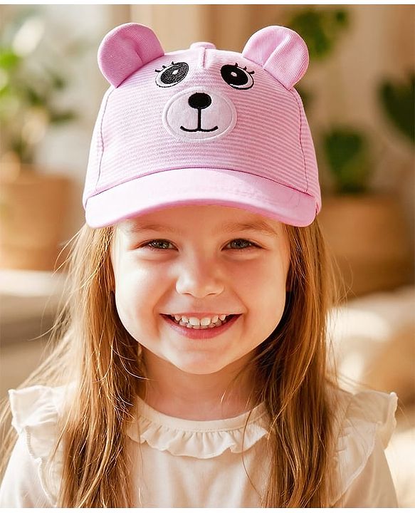 Babyhug Cotton Woven Baseball Cap With Face Embroidery & Ear Applique Pink - Diameter 15 cm