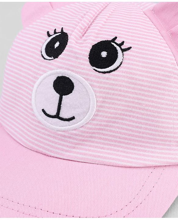 Babyhug Cotton Woven Baseball Cap With Face Embroidery & Ear Applique Pink - Diameter 15 cm