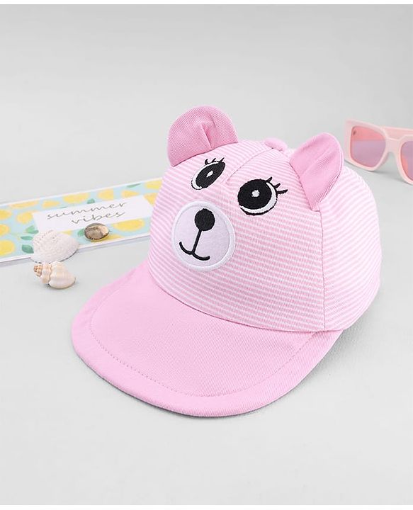 Babyhug Cotton Woven Baseball Cap With Face Embroidery & Ear Applique Pink - Diameter 15 cm