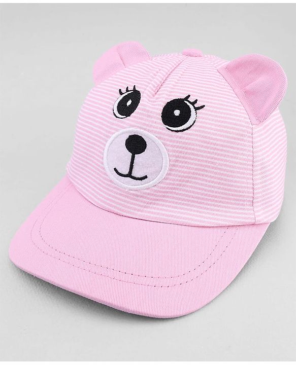 Babyhug Cotton Woven Baseball Cap With Face Embroidery & Ear Applique Pink - Diameter 15 cm