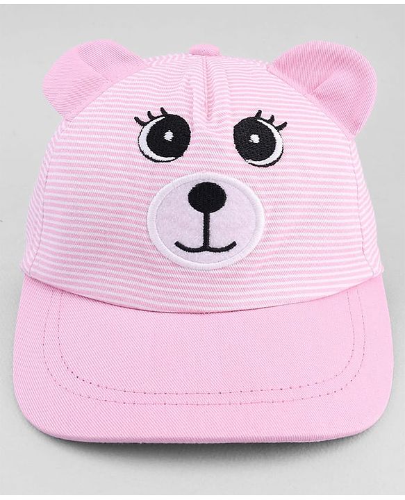 Babyhug Cotton Woven Baseball Cap With Face Embroidery & Ear Applique Pink - Diameter 15 cm