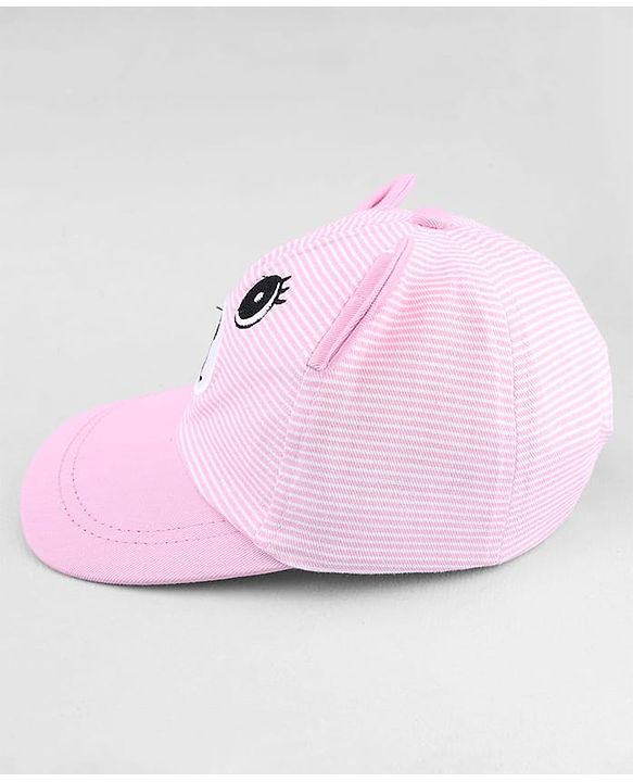 Babyhug Cotton Woven Baseball Cap With Face Embroidery & Ear Applique Pink - Diameter 15 cm