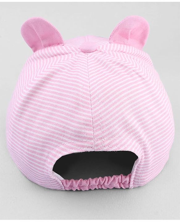 Babyhug Cotton Woven Baseball Cap With Face Embroidery & Ear Applique Pink - Diameter 15 cm